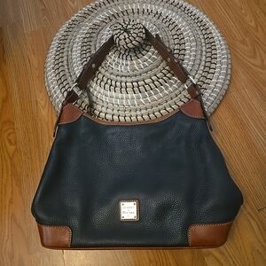 Dooney & Bourke Black Leather Shoulder Bag with Brown Trim & Gold Accents